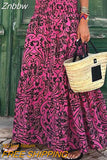 Znbbw Party Women Ruffle Half-length Long Skirt Summer Bohemian Floral Print A-line Skirt Casual High Waist Pleats Beach Skirt