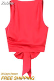 Znbbw TRAF Women Fashion With Tied Satin Back Open Crop Blouses Vintage O Neck Sleeveless Female Shirts Blusas Chic Tops