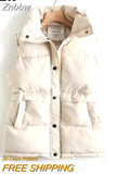 Znbbw Winter Elegant Down Vest Coats 2023 Stand Collar Loose Sleeveless Down Collar Waistcoat Solid Windproof Vests Jackets