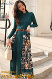Znbbw 2023 New Spring Autumn Elegant Knitted Patchwork Pleated Midi Dress Women Long Sleeve Retro Runway Printing chic Dresses
