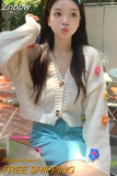 Znbbw Kawaii Y2K Cropped Cardigan Women Harajuku Sweet 3D Flower Knitted Sweater Korean V-neck All-match Tops Aesthetic 2000s