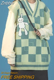 Znbbw Korean Style Plaid Green Sweater Vest Women Vintage Cartoon Print Knitted Jumper Female Sleeveless V-neck Autumn Tops