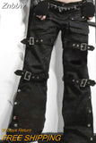 Znbbw Women Y2K Black Punk Pants Buckle Harajuku Gothic Bandage Baggy Jeans Streetwear Pocket Goth Grunge Low Waist Women Cargo Pants