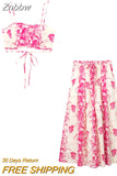 Znbbw TRAF 2023 Y2K Holiday Printed Women Beach Suits Summer Skinny Bustier Crop Top Camis Female Midi Skirt 2 Piece Sets