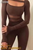 Znbbw Women Autumn Winter Long Sleeve Bodycon Mesh See Brown Through Jumpsuit Overalls 2023 Fall Clothes Wholesale Items