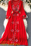 Znbbw Women's Dress Travel Photography Holiday Long Dress 2023 New Retro Ethnic Style Embroidered V-neck Lantern Sleeve Dress Y1034
