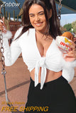 Znbbw long sleeve fur V-neck wrapped bandage sexy crop tops autumn winter women streetwear club party outfits T-shirts