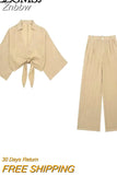 Znbbw TRAF Women Fashion With Knotted Linen Shirts 2 Piece Sets Long Pant Female Suits Holiday Sets Women