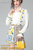 Znbbw Summer Runway Flower Print Two-piece Set Women Flare Sleeve Ruffles Shirt Top and Stripe Pocket Shorts Suits Set N56608