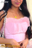 Znbbw Feather Detail Sleeveless Pink Bustier Summer 2023 Women Fashion Streetwear Off Shoulder Sexy Fitted Crop Top