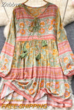 Znbbw Autumn Women's Travel Holiday indie Style Dress New Sweet Loose Thin Printed Long-sleeved Mid-length Dress GD647