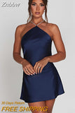 Znbbw Satin Halter Backless Mini Dress For Women Robe New Off-shoulder Sleeveless Lace-up Bodycon Club Party Sexy Dress