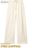 Znbbw TRAF Women Chic Side Pockets Loose Wide Leg Pants Vintage High Elastic Waist Drawstring Female Trousers Mujer