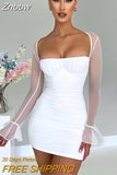Znbbw Elegant Backless Sexy Mini Dress For Women Robe Two Layer Mesh Full Sleeve Zipper Bodycon Party Short Dress Vestido