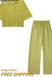 Znbbw TRAF Summer Women Pant Set Solid Straight Pants 2 Pieces Set High Waist Pant for Female Lace Up Kimono Pants Suit
