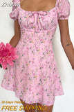 Znbbw New Summer Casual Off Shoulder Tie Up Floral Print A-Line Dress Sexy Women Short Sleeve Slim Mini Dress for Club Party