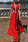 Znbbw 2023 V Neck Sexy Women Summer Maxi Dress Sleeveless Lace Patch High Split Long Party Evening Dresses Robe Vestidos Traf