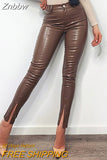Znbbw Autumn Winter PU Leather Pencil Trousers Women's High Waist Button Slit Hem Pants Office Casual Slim Fit Bottoms