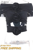 Znbbw Slash Neck Cut Out Corset Crop Tops Women Sleeveless Flowers Bandage Slim Camisole Tank 2023 Summer Lolita Y2K Clothes
