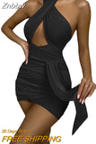 Znbbw Fashion Women Sexy Bandage Ruched Halter Slip Dress Sleeveless Backless Solid Bodycon Mini Dress Club Party Sheath Dress