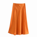 Znbbw 2024 New Elastic Waistline Simple Full-Color Satin Full-Length Skirt