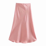 Znbbw 2024 New Elastic Waistline Simple Full-Color Satin Full-Length Skirt