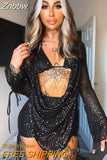 Znbbw Piece Set Women Glitter Outfits Sexy Camisole Top+Ruched Backless Long Sleeve Casual Mini Dress 2023 Spring Fall Night Prom