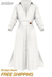 znbbw Fashion Slit Solid Shirt Dress Women Casual V Neck Lapel Full Sleeve With Pockets Long Skirt Spring Lady Streetwear Dresses