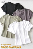 Znbbw Women O-neck Short-sleeve T-shirt Slim Elastic Skinny Summer Sexy Crop Tops