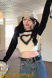 Znbbw Vintage Slim Long Sleeve T Shirts Women Y2K Harajuku Heart Print Crop Tops Kpop Grunge Casual Patchwork Aesthetic Tees