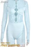 Znbbw Transparent Mesh Bodycon Slim Playsuits Women Long Sleeve Night Club Party Evening Casual One Piece Rompers 2023 Summer