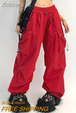 Znbbw Cyber Y2K Red Parachute Pants Women Kpop Streetwear Gray Cargo Trousers Oversized Egirl Punk Black Wide Leg Pantalones