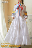 Znbbw Indie Folk Peacock Embroidery Red Christmas Dress Women's V-Neck Lantern Sleeve High Waist Bow Scarf Cotton Long Dresses
