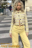 Znbbw TRAF Women Front Flap Cropped Tweed Blazer Coat Vintage Lapel Collar Long Sleeve Female Outerwear Chic Tops