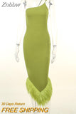 Znbbw Elegant One Shoulder Feather Bottom Midi Dress For Women Robe Summer New Sleeveless Bodycon Long Dress Clubwear