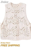 Znbbw TRAF Women Summer Solid Jacquard Knitted Vest Sweater Vintage O-Neck Sleeveless Female Waistcoat Chic Casual Tops