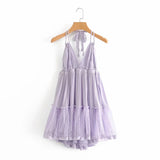 Znbbw The Summer Of 2024, The New Style Baitai Thin Laminated Net Yarn Spliced V-Collar Halter Skirt With Large Bare Back
