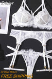 Znbbw Lingerie Lace Erotic Underwear 4-Pieces White Sexy Lingery Women Transparent Bra Panty Set Fancy Luxury Exotic Sets