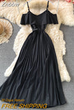 Znbbw Lotus Leaf Off-shoulder Sling Pleated Vestidos Women's Elegant Temperament Waist Slimming Midi Dress GK660