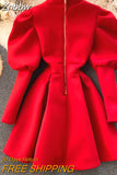 Znbbw Autumn Vestidos Women's Bubble Sleeves Front and Back Two Wear Temperament Stand-up Collar Zipper Slim Midi Dress GK447