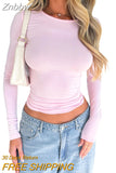 Znbbw Tees y2k Clothes For Women Solid Color O Neck Long Sleeve T Shirt 2000s Crop Tops Casual Streetwear