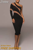 Znbbw Mesh See Through Patchwork Midi Dress For Women Robe Autumn New One Sleeve Backless Bodycon Long Dress Vestido