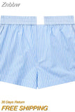 Znbbw TRAF Woman 2 Pieces Sets 2023 Stripe Shirts Top Casual Shorts Summer Women Suit Two Piece Set Womens Outfits