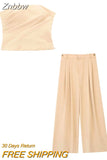 Znbbw Summer Fashion Women 2 Piece Sets Folds Slim Crop Vest Sleeveless Strapless Top Wide Pants Female Suits Outfits