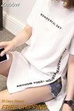 Znbbw DAY Print Long T shirts Summer Women Loose Slit Femme Tops Cotton Tshirt Short sleeve Ladies t-shirt