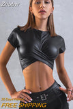 Znbbw Women Fashion Short Sleeve Leather Party Club Black Crop Tops T Shirts 2023 Summer Clothes Wholesale Items For Business