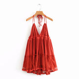 Znbbw The Summer Of 2024, The New Style Baitai Thin Laminated Net Yarn Spliced V-Collar Halter Skirt With Large Bare Back