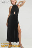 Znbbw Women Elegant Pressed Pleat Backless Dresses 2023 Spring Summer Sexy Solid Satin Dress Female Bodycon Fashion Party Gown