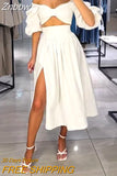 Znbbw Women Two Piece Set Summer Fashion Sexy Solid One Shoulder Top Casual Loose High Waist Pleated Slit Skirt Sets Streetwear