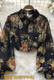 Znbbw Autumn Temperament Fashion Retro Chiffon Floral Blouses Print Loose Lapel Puff Sleeve Top Button Up Shirt Female GD611